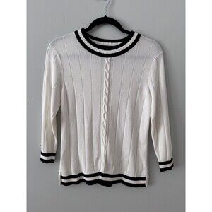 Grace‎ Dane Lewis Petite White Ribbed Cableknit Crewneck Sweater Size PS Preppy